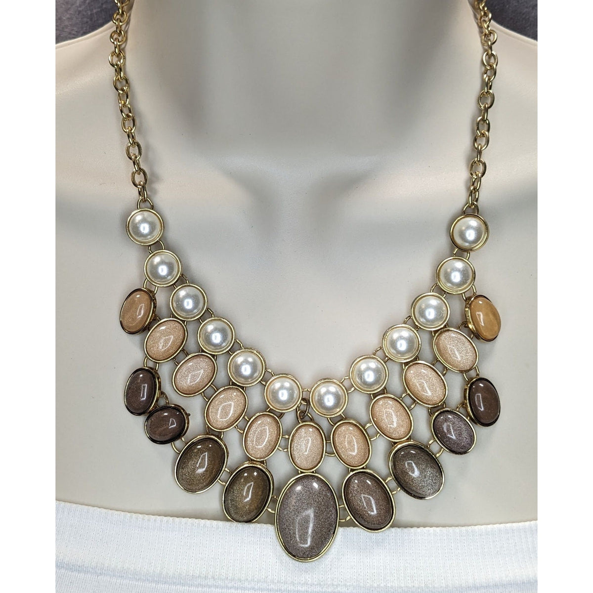 Glam Vintage New York & Co Neutral Shimmer Pearl Bib Statement Necklace