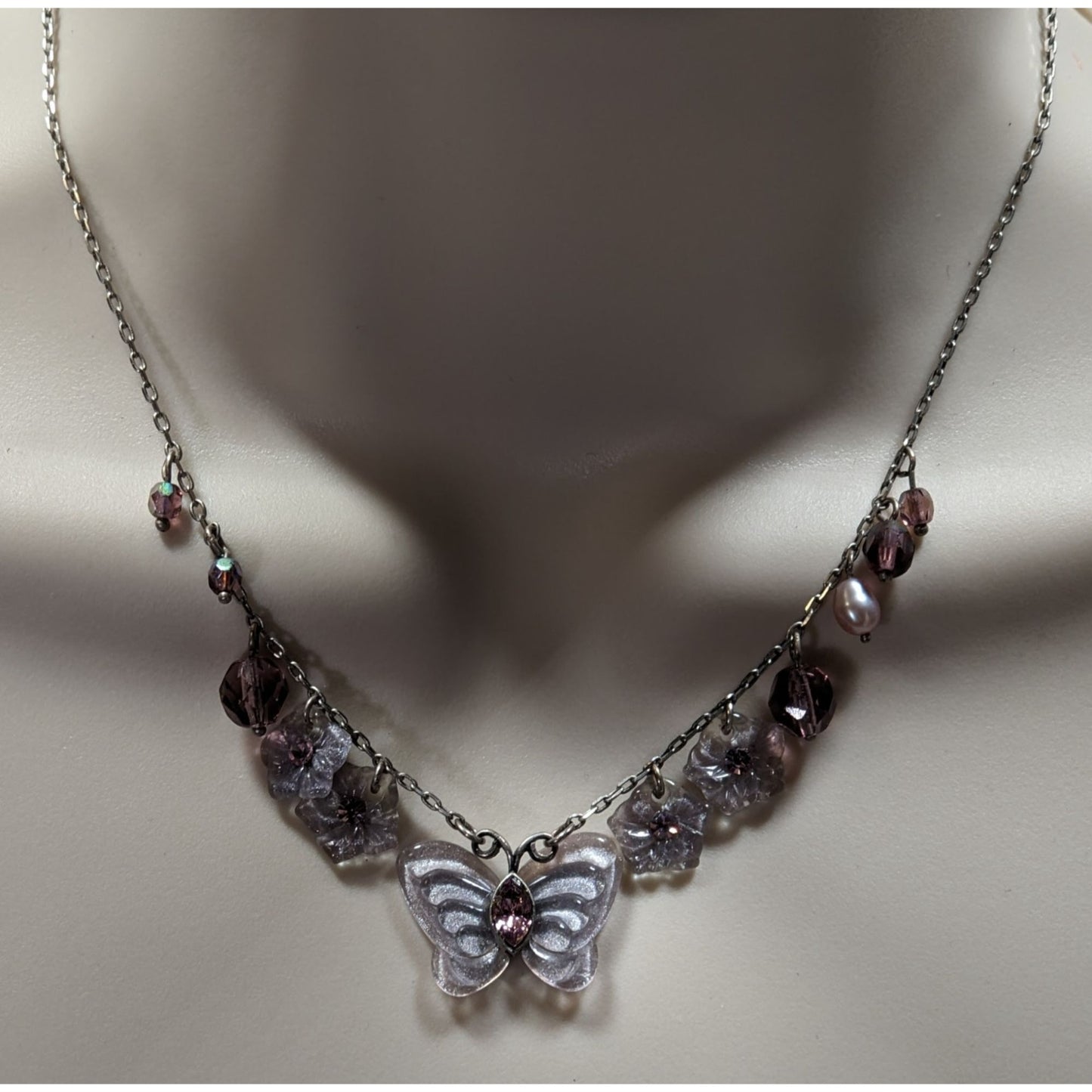 Fairycore Purple Butterfly And Floral Charm Necklace With Beaded Accents