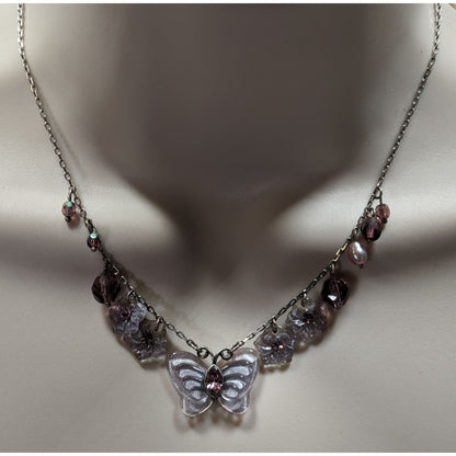 Fairycore Purple Butterfly And Floral Charm Necklace With Beaded Accents