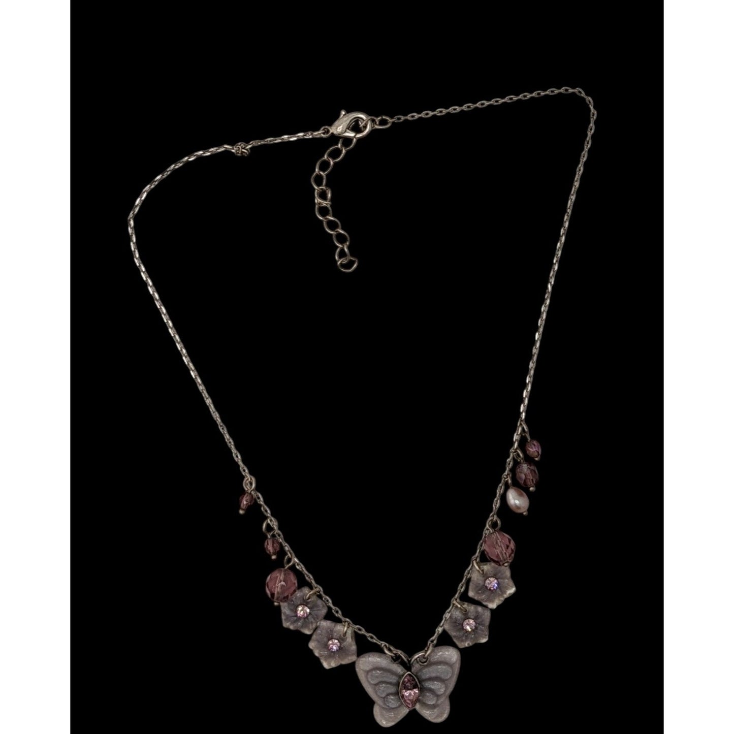 Fairycore Purple Butterfly And Floral Charm Necklace With Beaded Accents