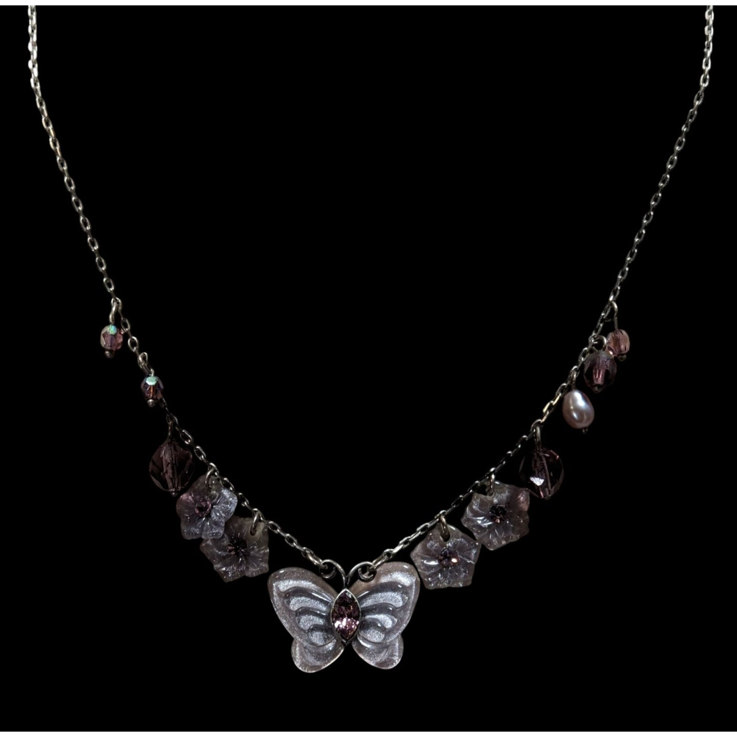 Fairycore Purple Butterfly And Floral Charm Necklace With Beaded Accents