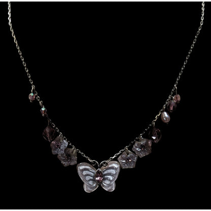 Fairycore Purple Butterfly And Floral Charm Necklace With Beaded Accents