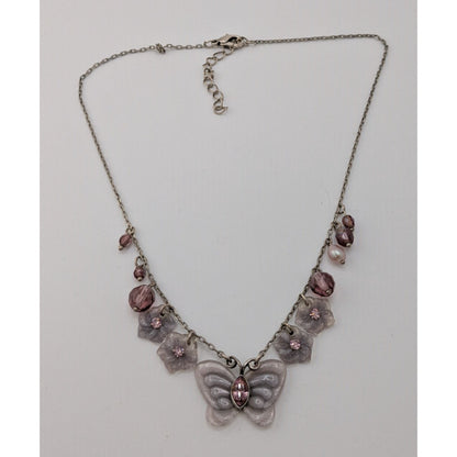 Fairycore Purple Butterfly And Floral Charm Necklace With Beaded Accents