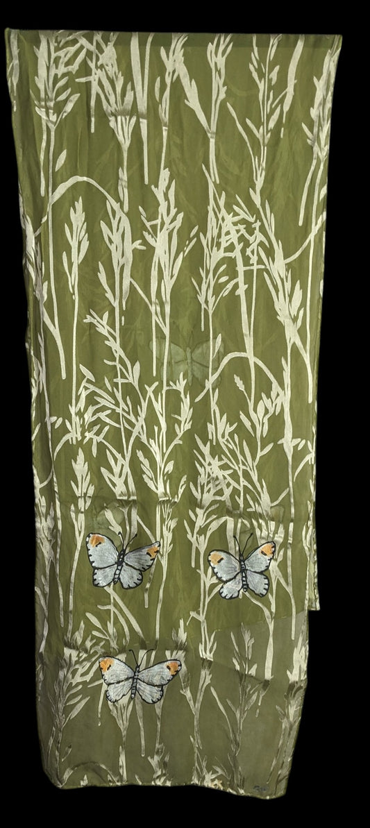 Vintage Handmade Cottagecore Green Silk Scarf With Hand-Painted Butterfly & Grass Design