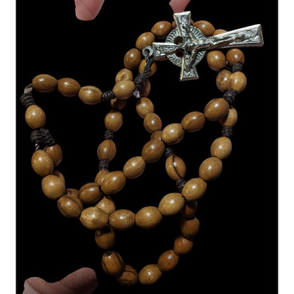 Vintage Brown Wood Beaded Rosary Necklace
