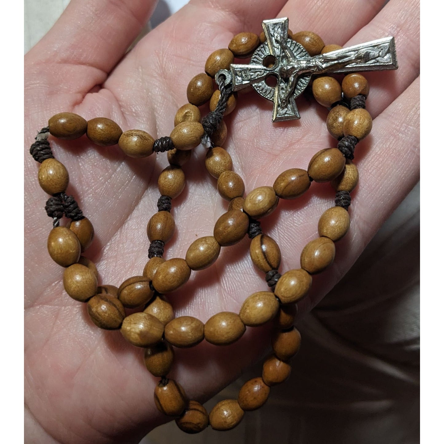 Vintage Brown Wood Beaded Rosary Necklace