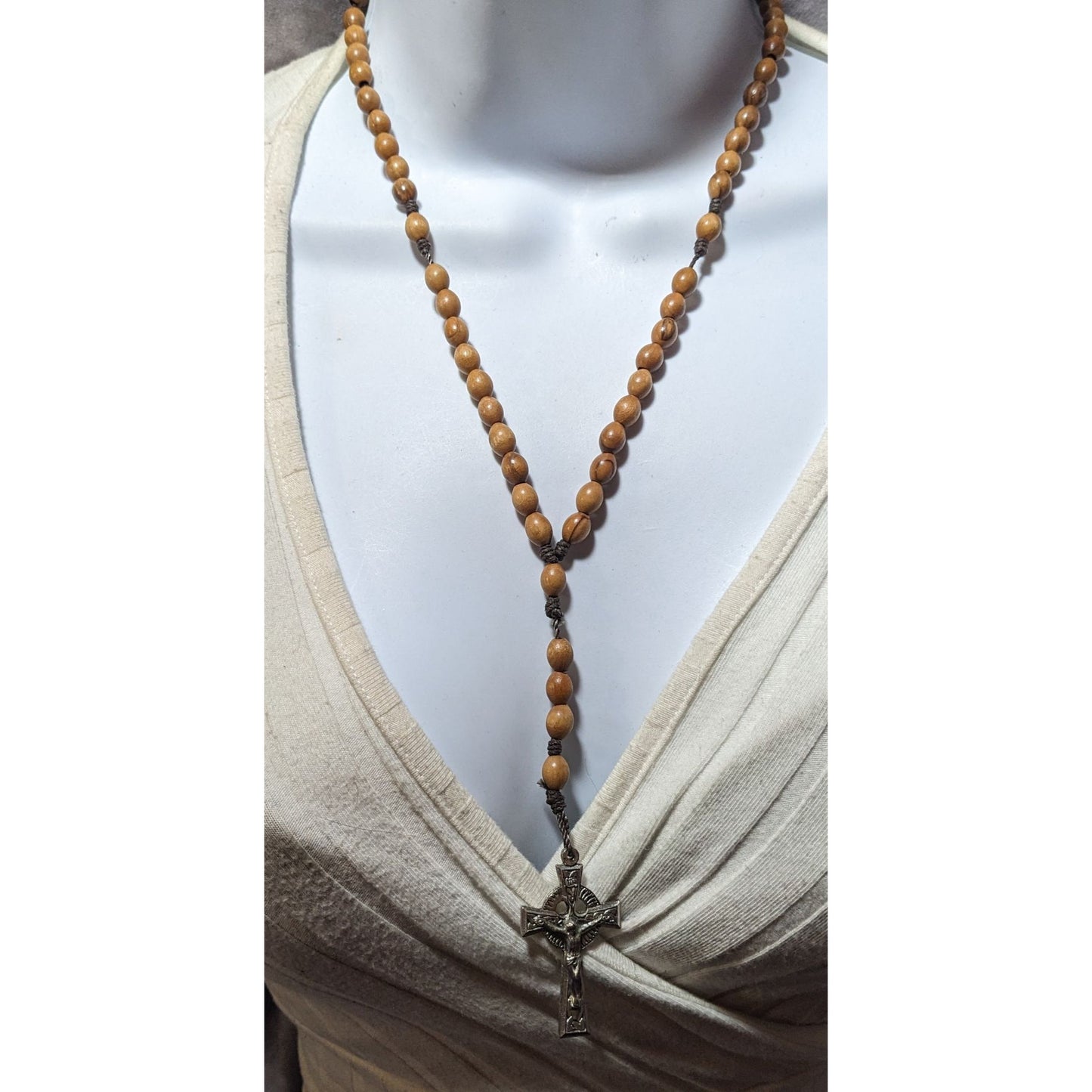 Vintage Brown Wood Beaded Rosary Necklace