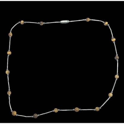 Tiger Eye Studded Silver Tone Tube Bead Necklace