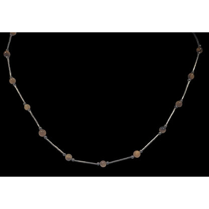 Tiger Eye Studded Silver Tone Tube Bead Necklace