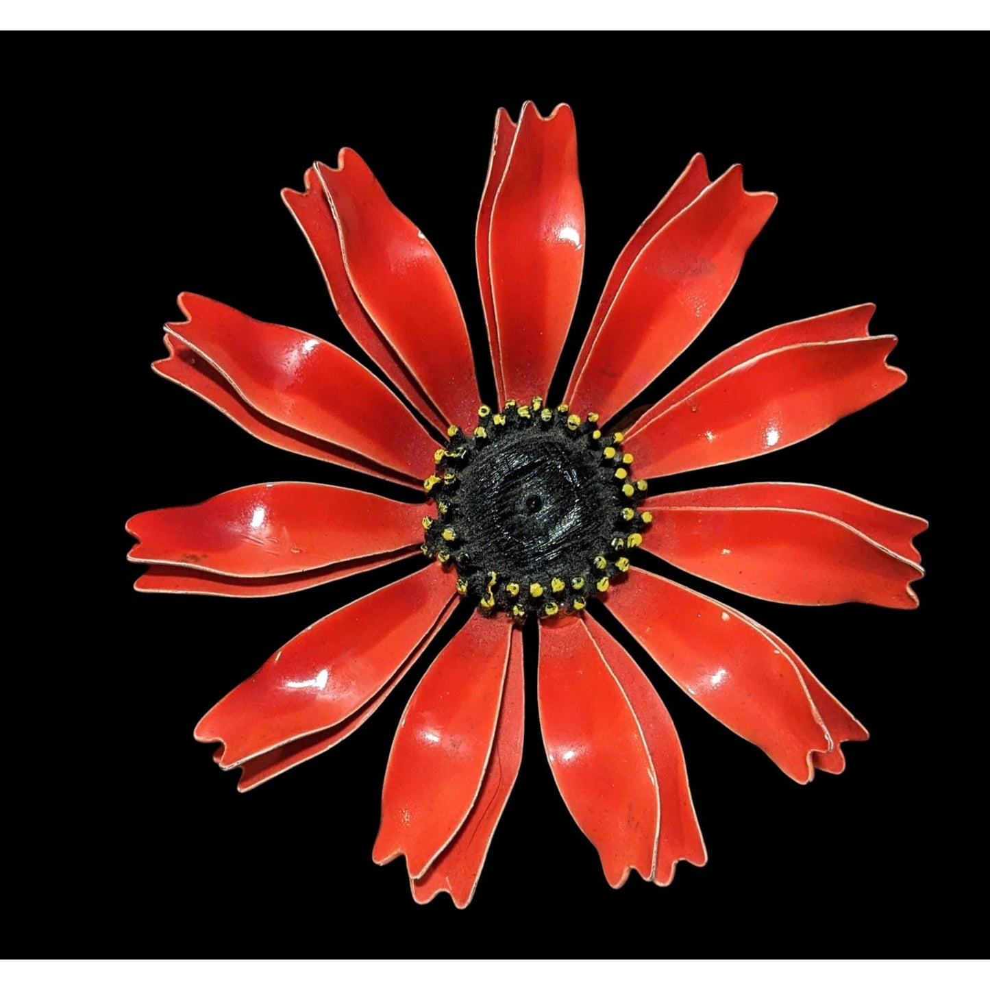 Vintage Red And Black Enameled Metal Daisy Brooch