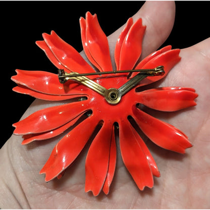 Vintage Red And Black Enameled Metal Daisy Brooch