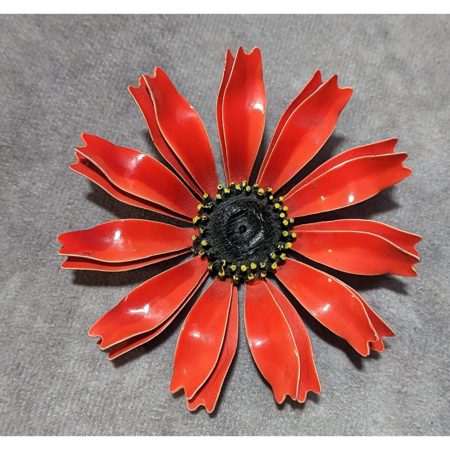 Vintage Red And Black Enameled Metal Daisy Brooch