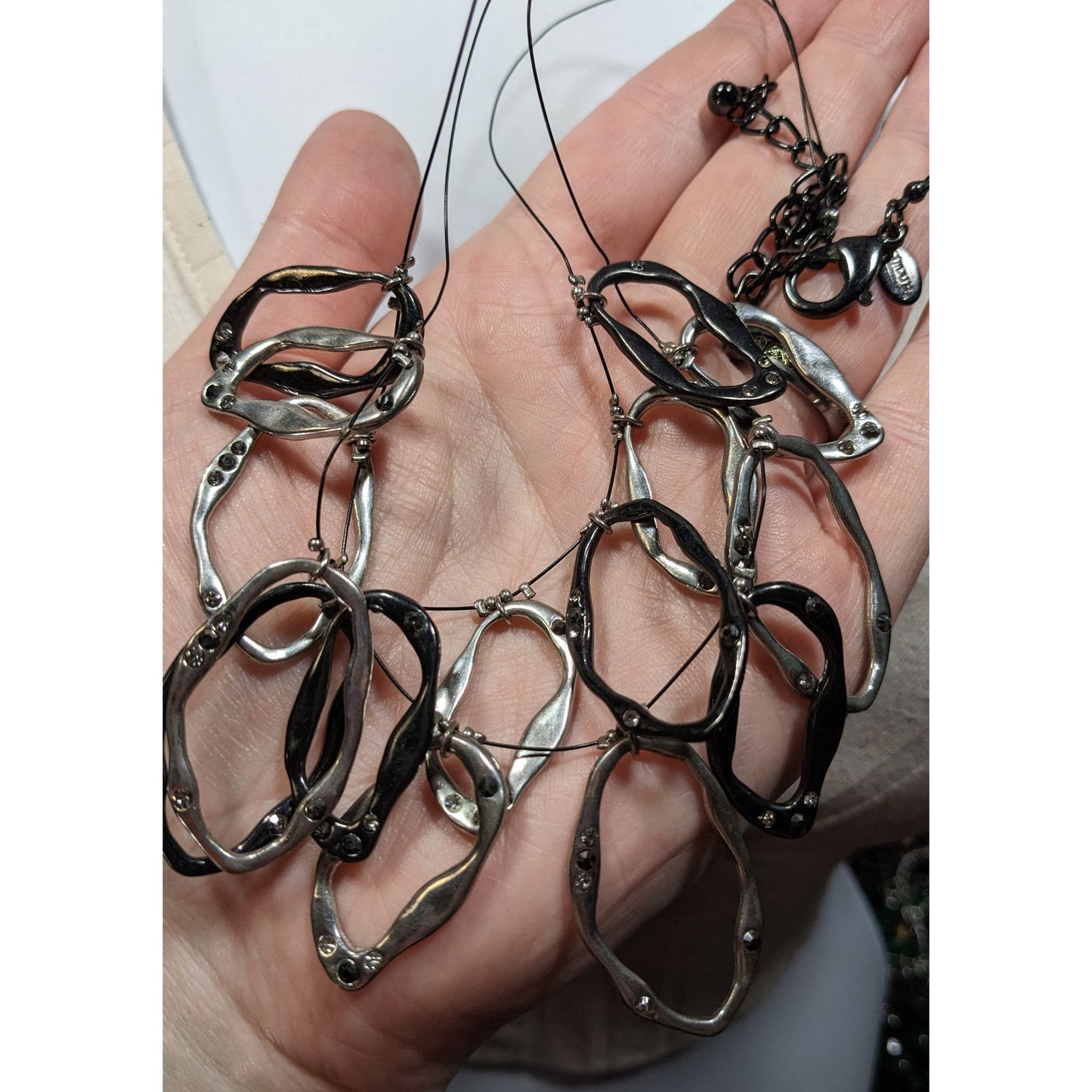 Chico's Brutalist Hammered Open Ring Rhinestone Necklace