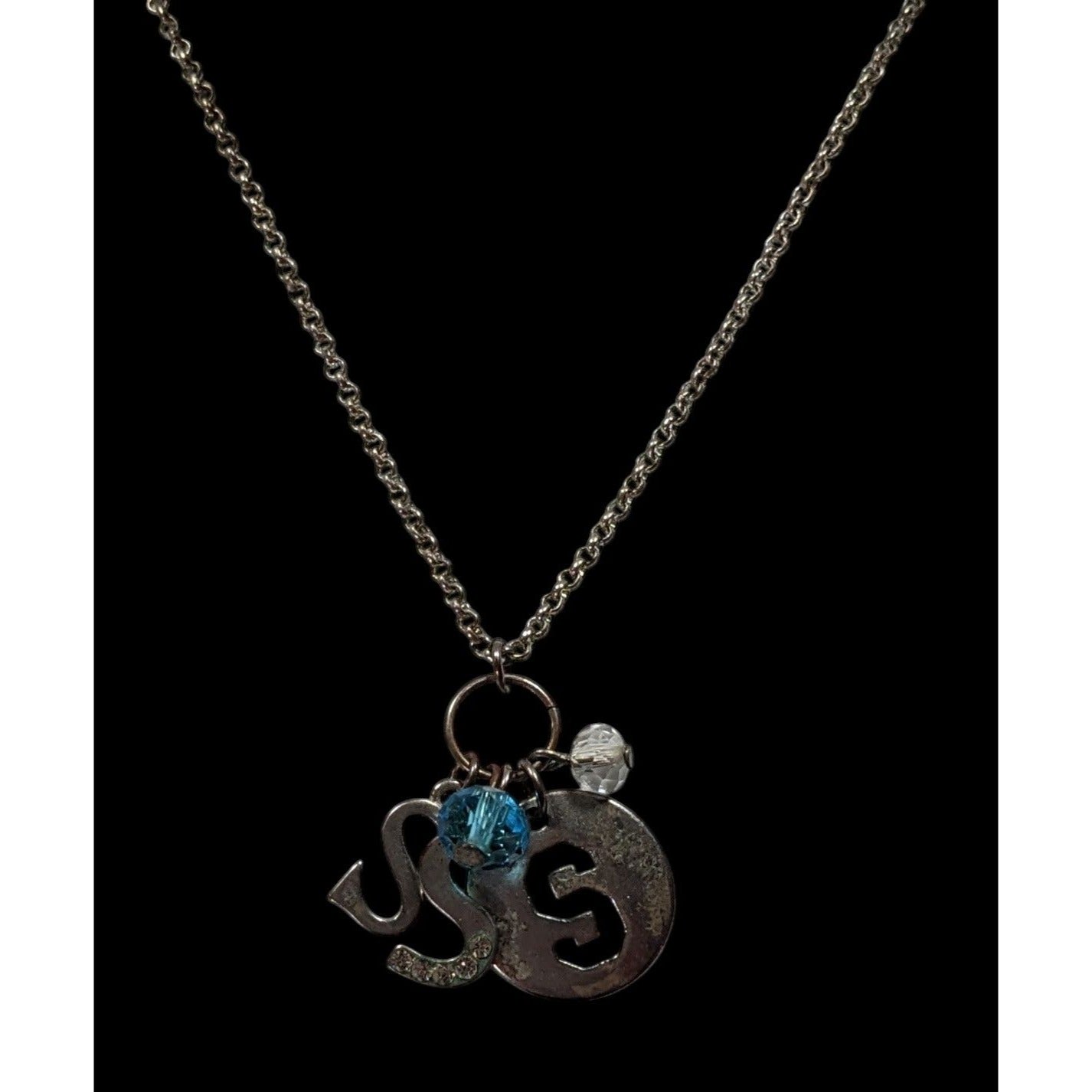 S Initial Charm Necklace Silver Tone With Blue Bead Accent