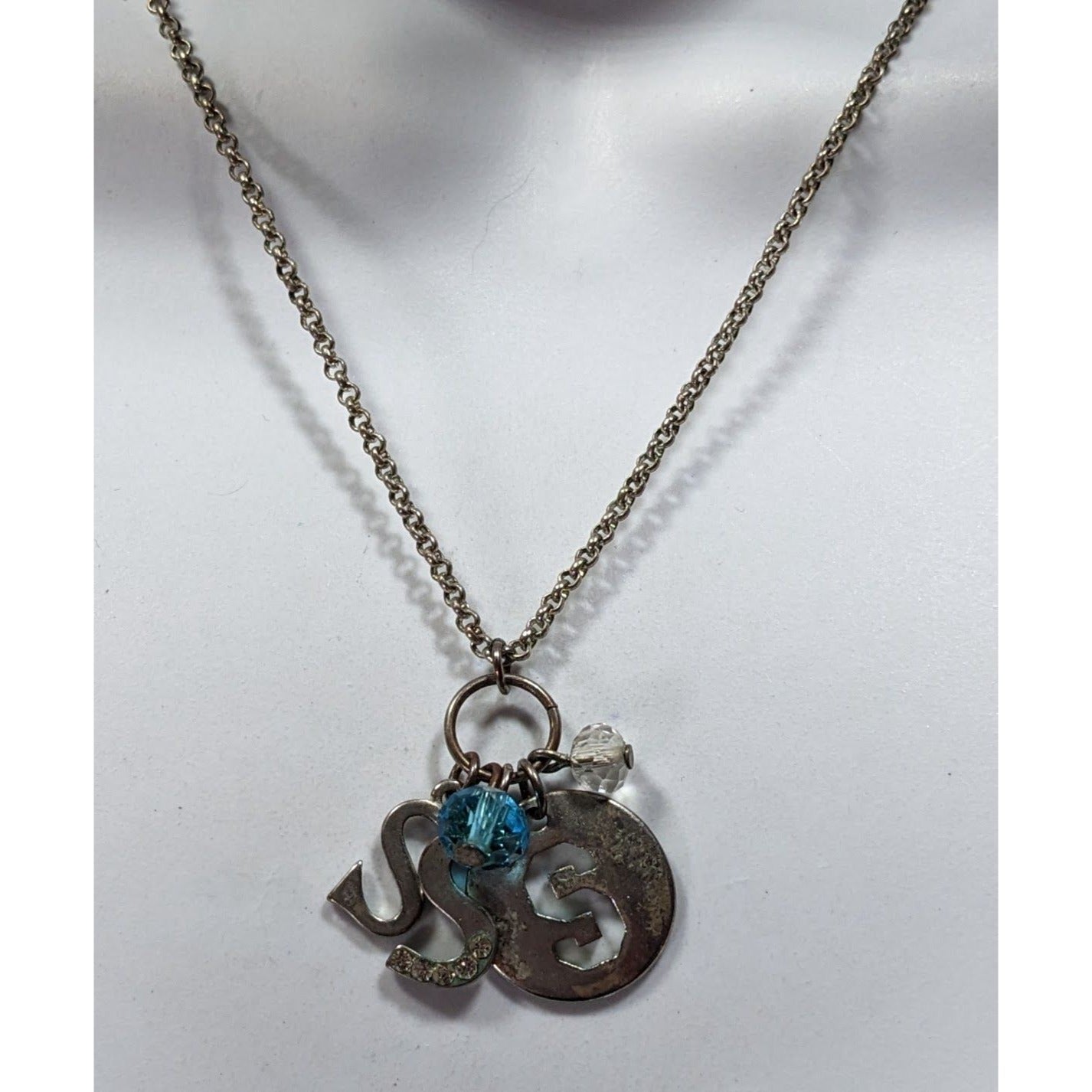 S Initial Charm Necklace Silver Tone With Blue Bead Accent