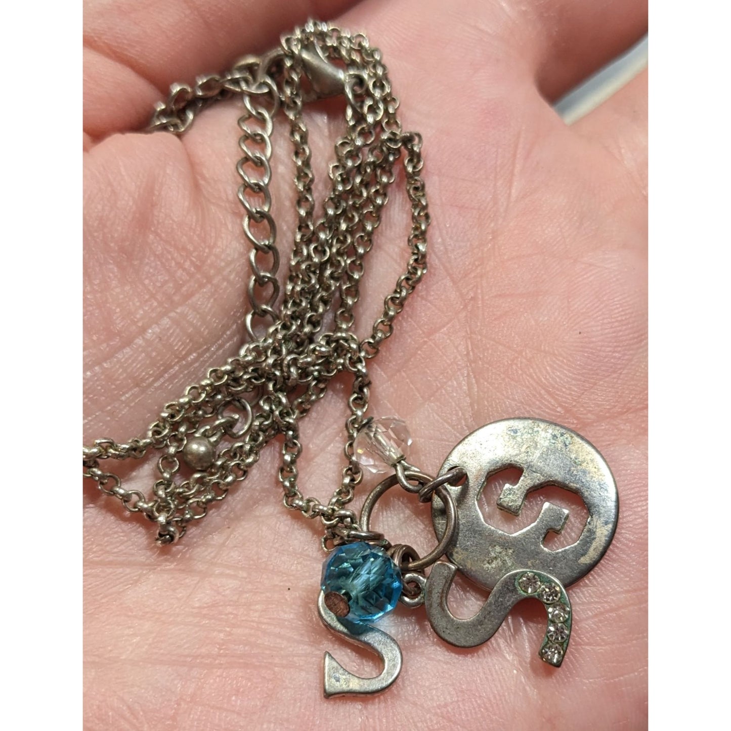 S Initial Charm Necklace Silver Tone With Blue Bead Accent