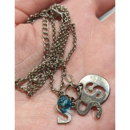 S Initial Charm Necklace Silver Tone With Blue Bead Accent