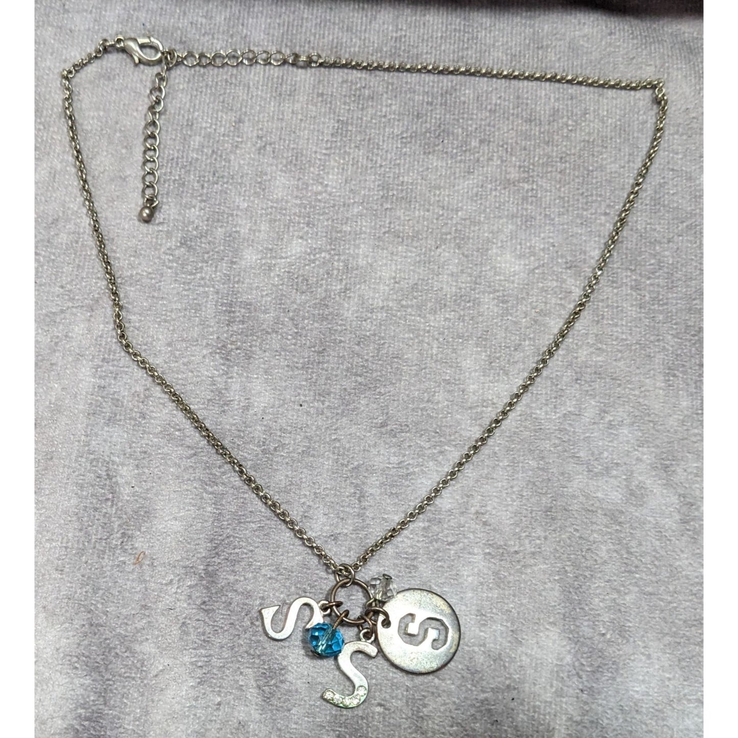 S Initial Charm Necklace Silver Tone With Blue Bead Accent