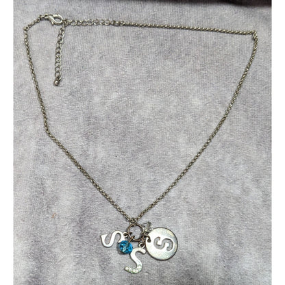 S Initial Charm Necklace Silver Tone With Blue Bead Accent