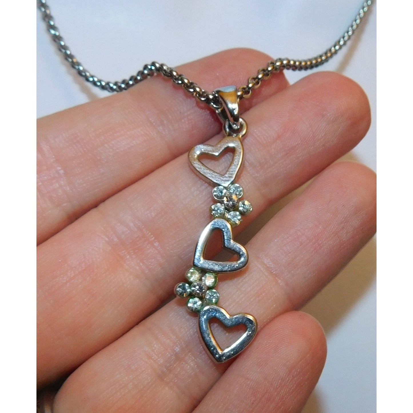Triple Heart Floral Silver Tone Pendant Necklace