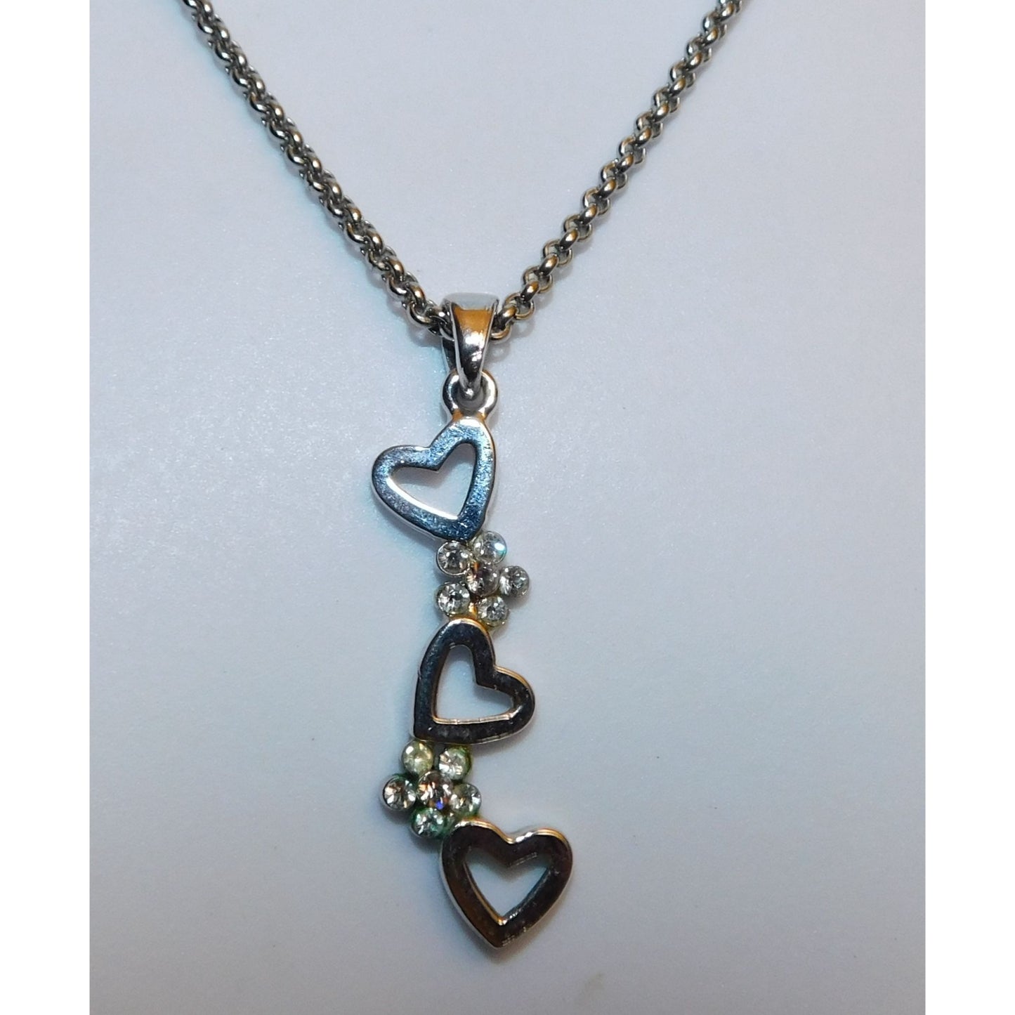 Triple Heart Floral Silver Tone Pendant Necklace
