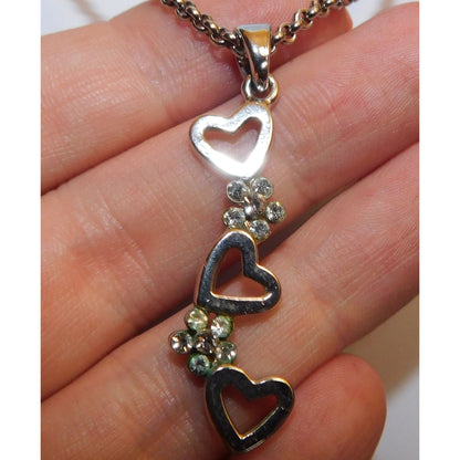 Triple Heart Floral Silver Tone Pendant Necklace