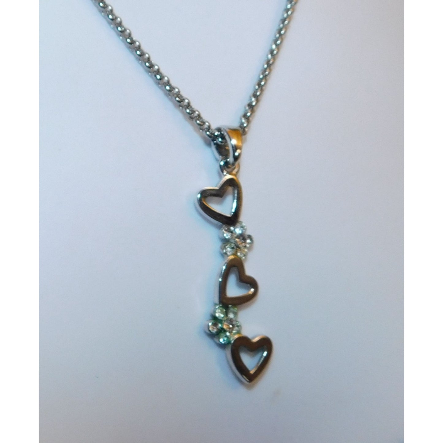 Triple Heart Floral Silver Tone Pendant Necklace
