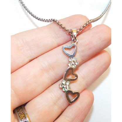 Triple Heart Floral Silver Tone Pendant Necklace