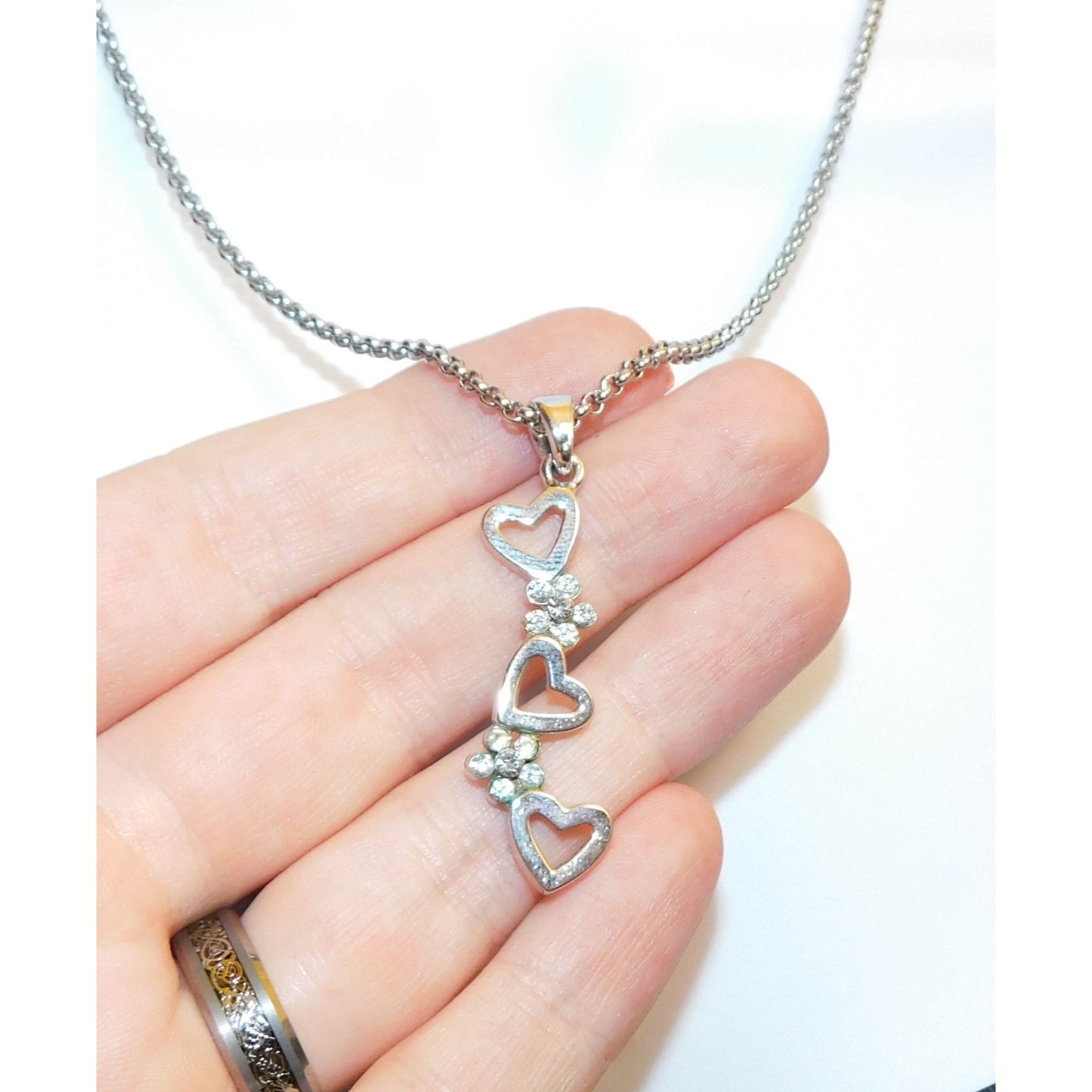 Triple Heart Floral Silver Tone Pendant Necklace