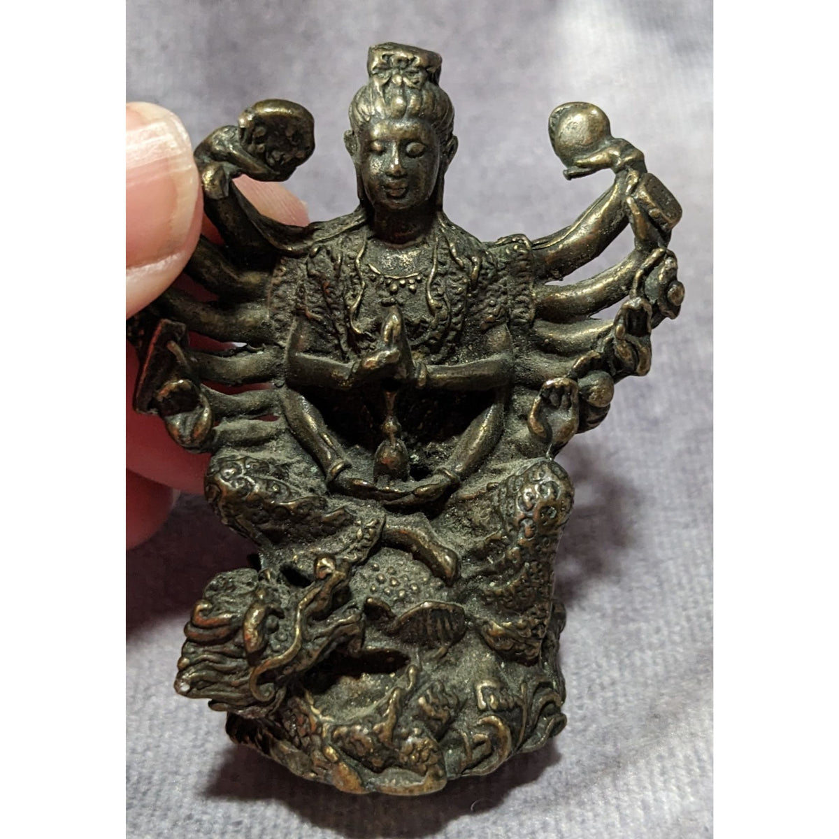 Guanyin Kwan Yin Bodhisattva Bronze Multi Arm Dragon Statue 2.5 Inch