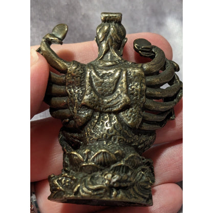 Guanyin Kwan Yin Bodhisattva Bronze Multi Arm Dragon Statue 2.5 Inch