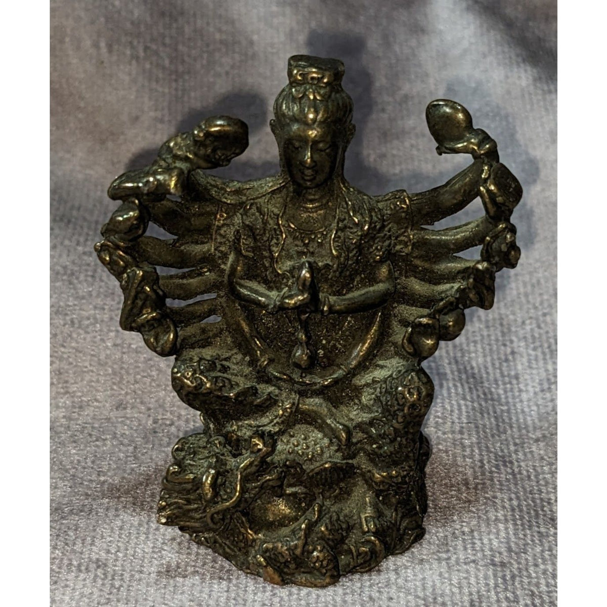 Guanyin Kwan Yin Bodhisattva Bronze Multi Arm Dragon Statue 2.5 Inch