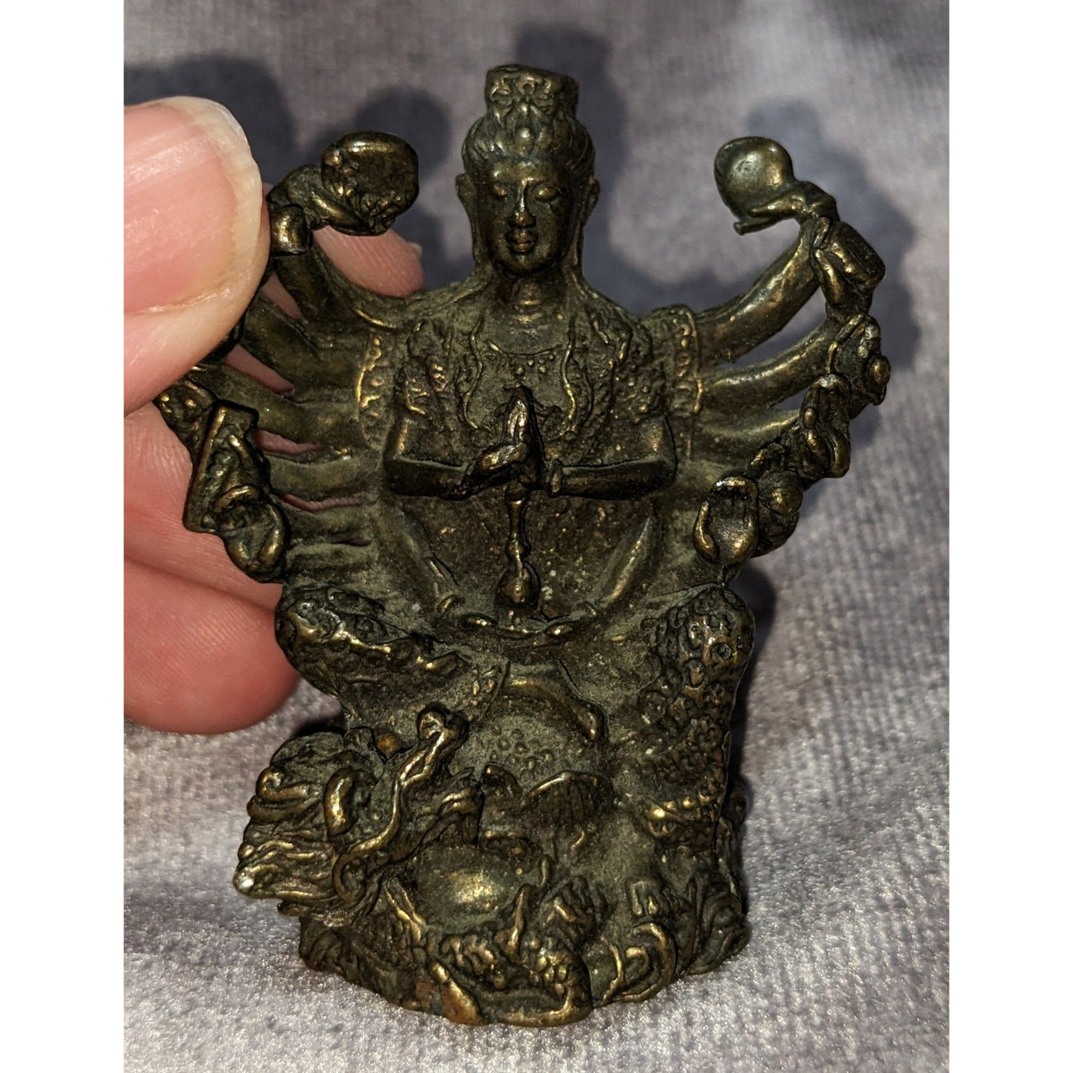 Guanyin Kwan Yin Bodhisattva Bronze Multi Arm Dragon Statue 2.5 Inch