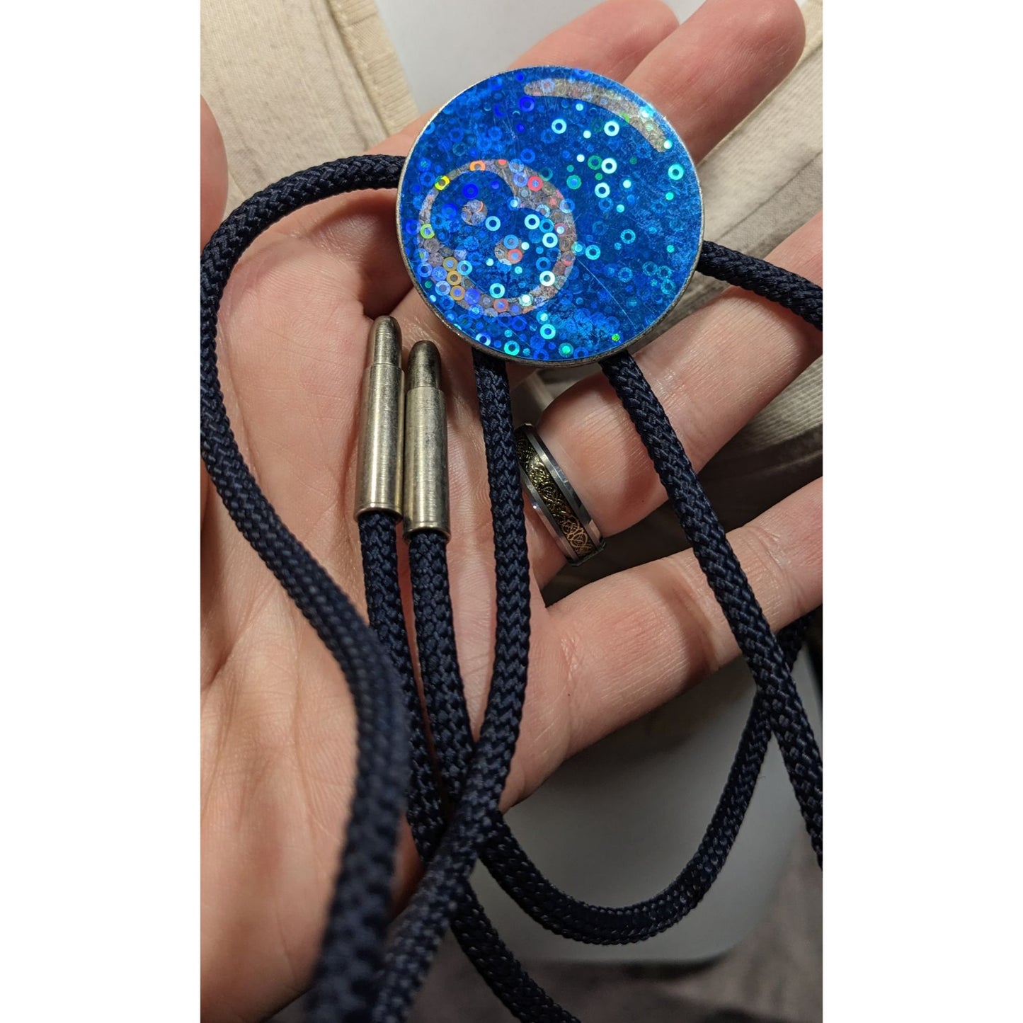 Vintage Handmade Holographic Bolo Tie With Pog Slammer