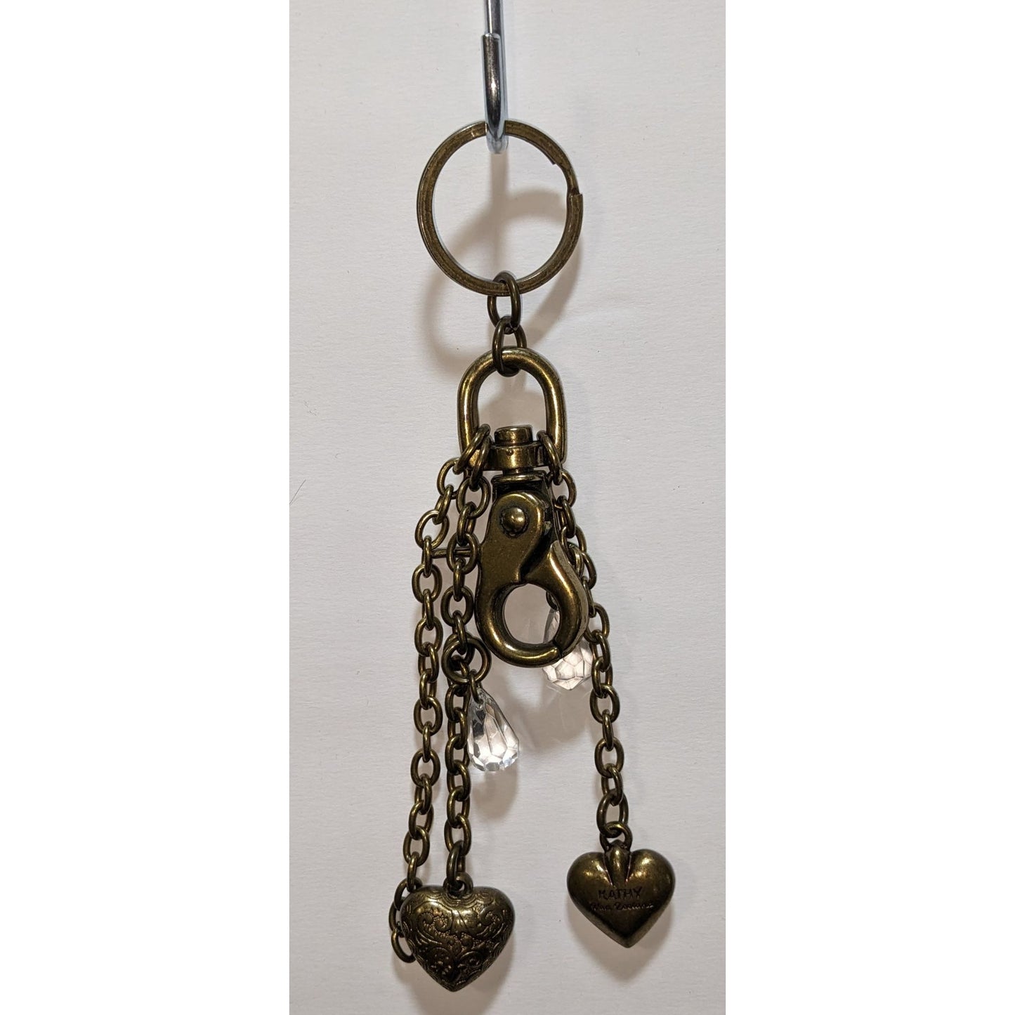 Kathy Van Zeeland Victorian Steampunk Antique Bronze Keychain With Heart Charms & Crystal Accents