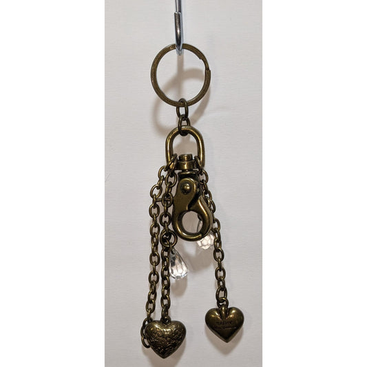 Kathy Van Zeeland Victorian Steampunk Antique Bronze Keychain With Heart Charms & Crystal Accents
