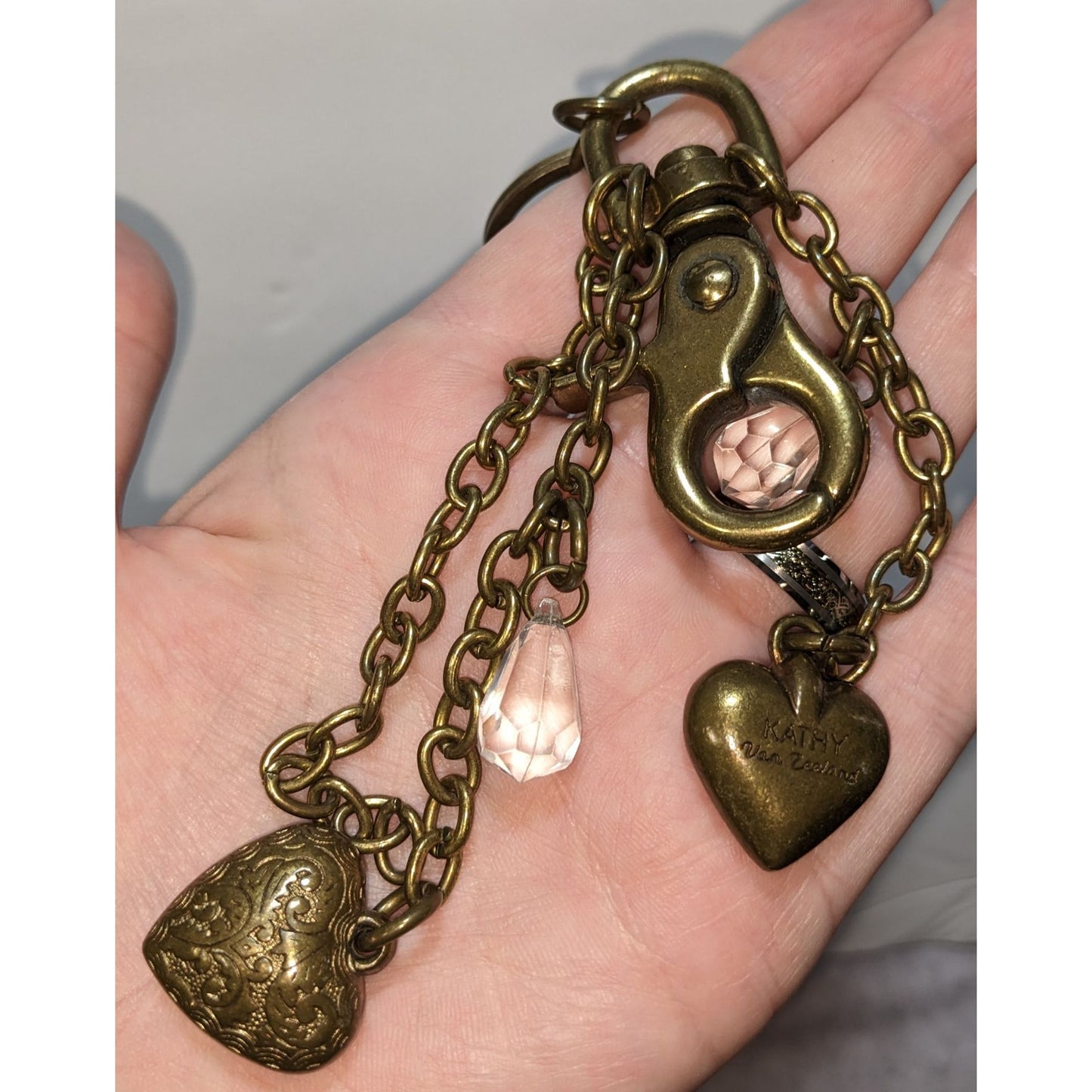 Kathy Van Zeeland Victorian Steampunk Antique Bronze Keychain With Heart Charms & Crystal Accents