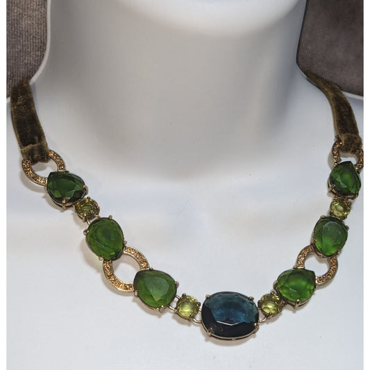 Forestcore Dark Academia Vintage Monet Green Statement Crystal Necklace Velvet Ribbon Bib