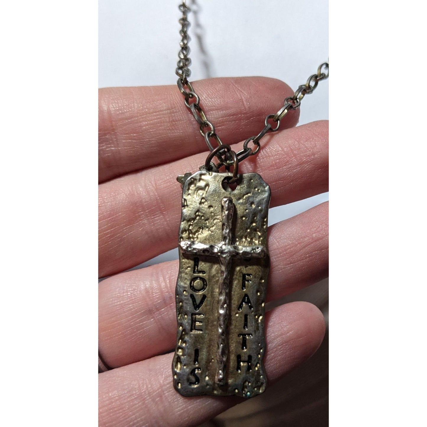 Love Is Faith Hammered Brutalist Pendant Necklace