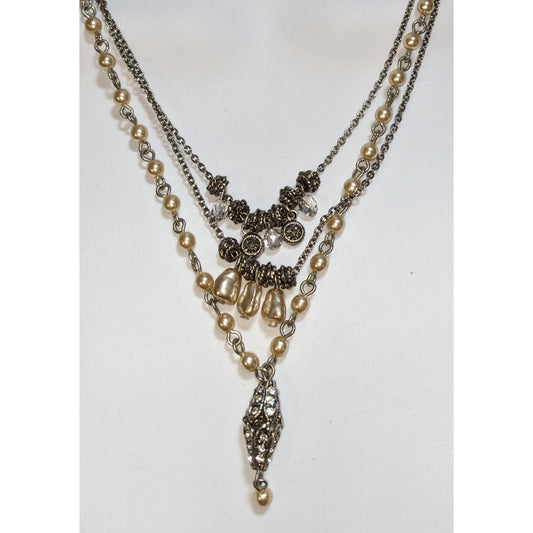 Vintage 90s Seasonal Whispers Pearl Layered Necklace Rhinestone Statement Victorian