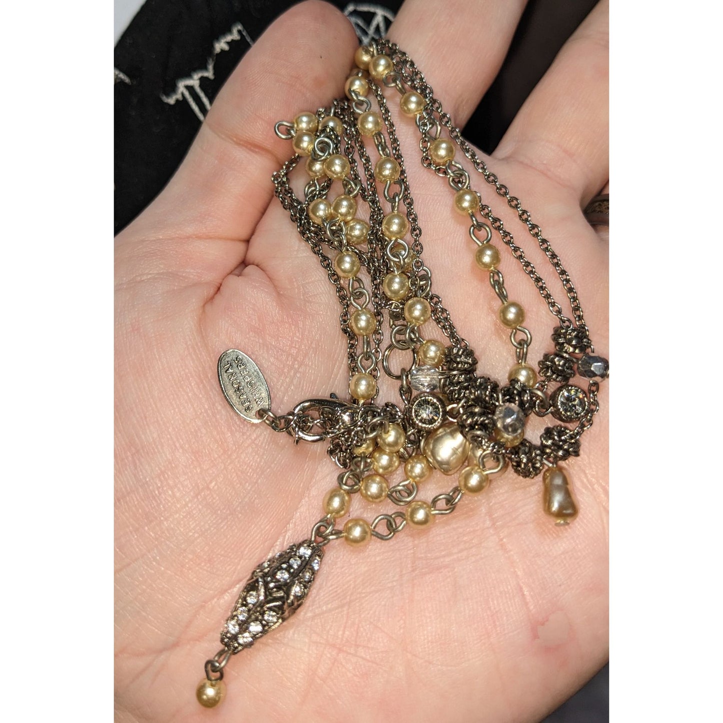 Vintage 90s Seasonal Whispers Pearl Layered Necklace Rhinestone Statement Victorian