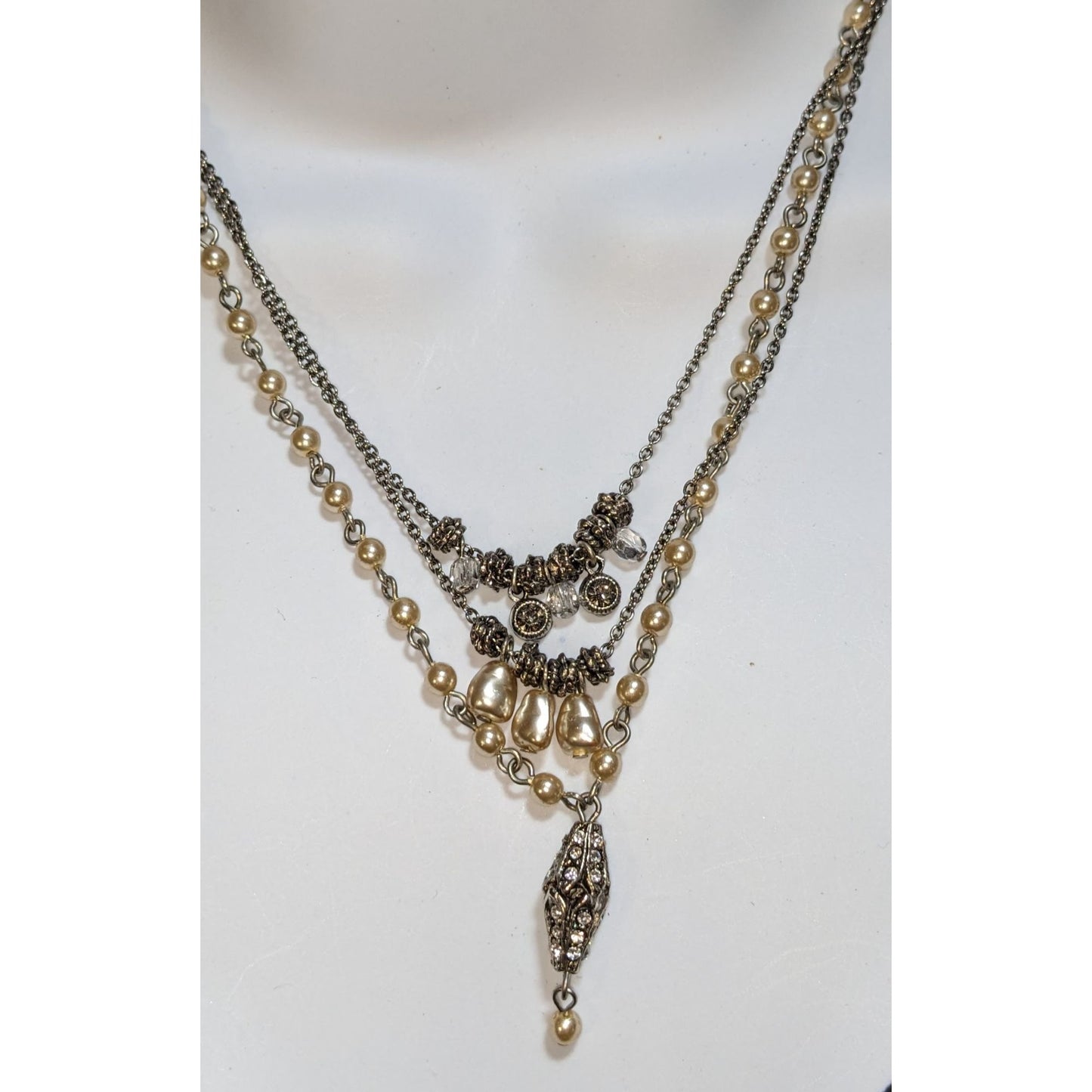 Vintage 90s Seasonal Whispers Pearl Layered Necklace Rhinestone Statement Victorian