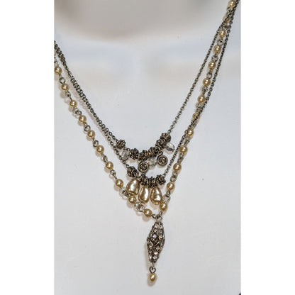 Vintage 90s Seasonal Whispers Pearl Layered Necklace Rhinestone Statement Victorian