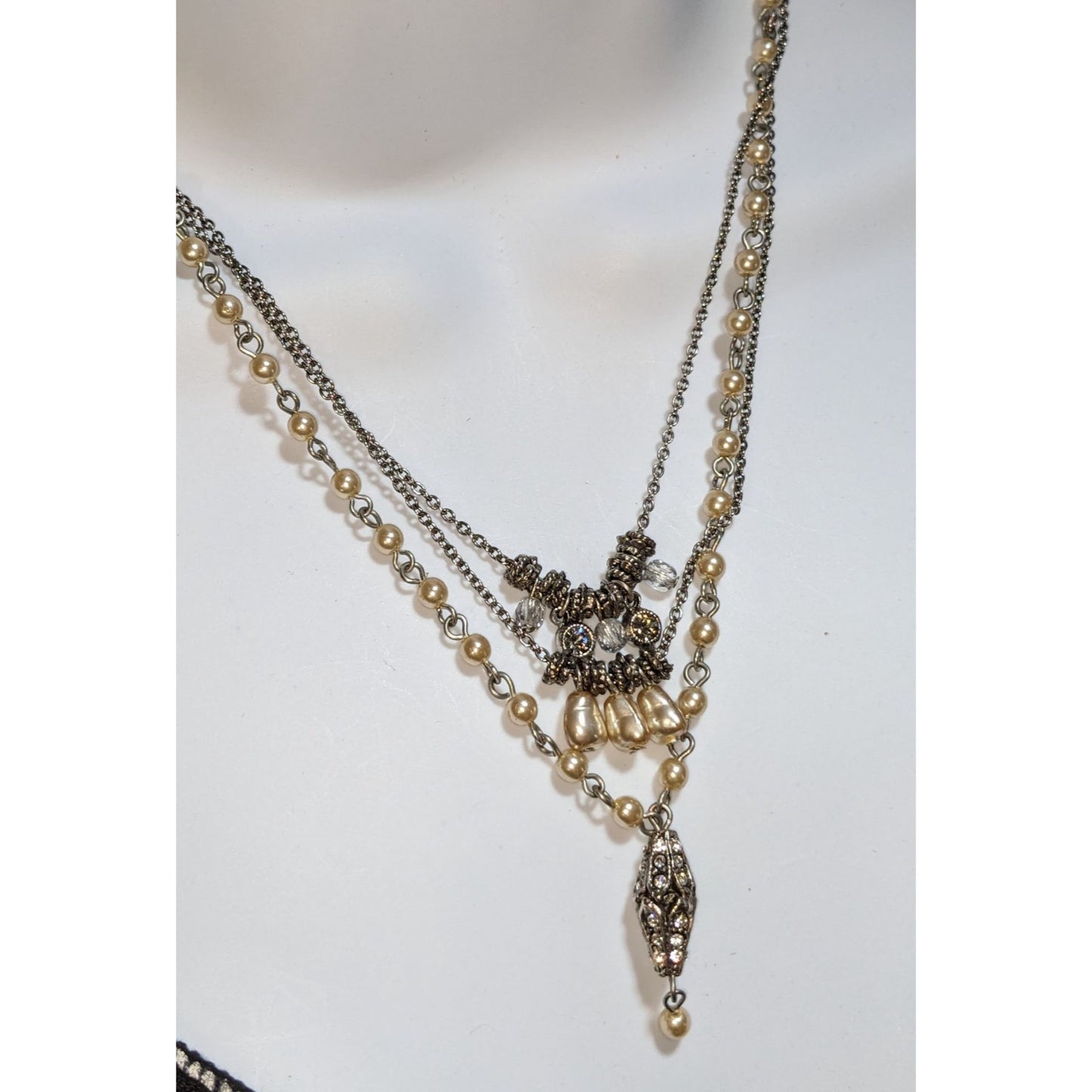 Vintage 90s Seasonal Whispers Pearl Layered Necklace Rhinestone Statement Victorian