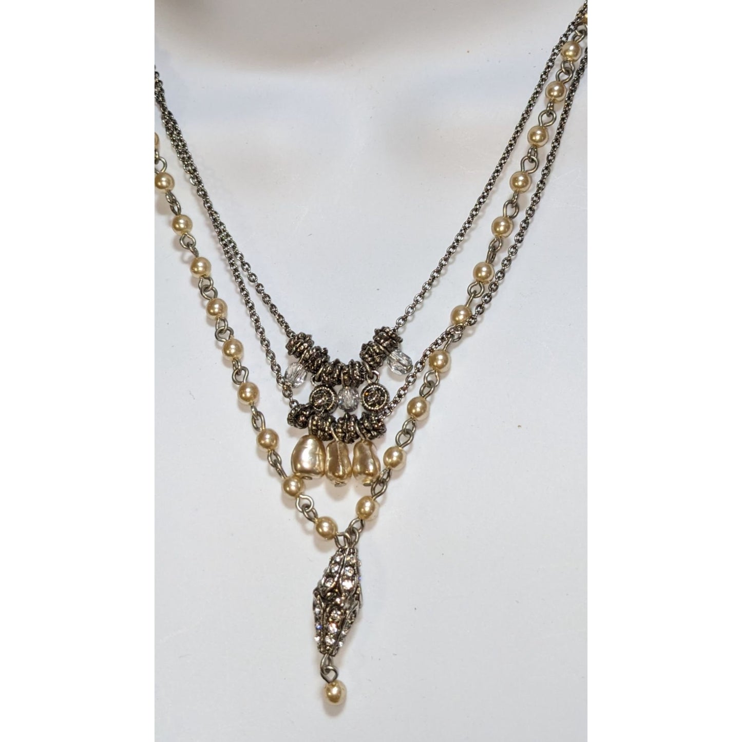 Vintage 90s Seasonal Whispers Pearl Layered Necklace Rhinestone Statement Victorian