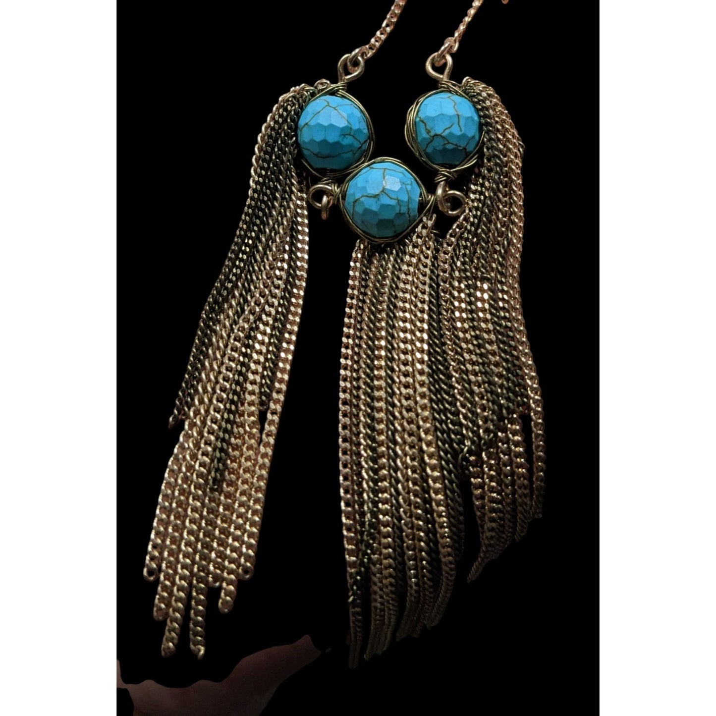 Vintage Handmade Turquoise Bohemian Chain Tassel Necklace With Wrapped Stones