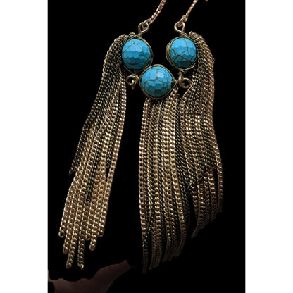 Vintage Handmade Turquoise Bohemian Chain Tassel Necklace With Wrapped Stones