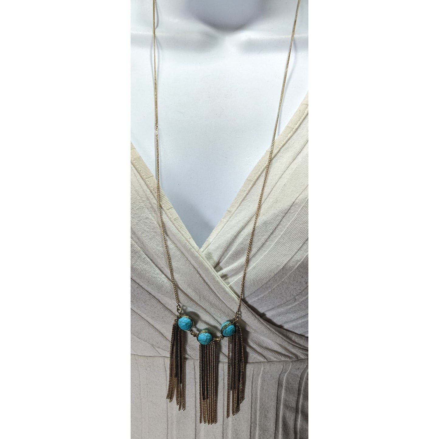 Vintage Handmade Turquoise Bohemian Chain Tassel Necklace With Wrapped Stones