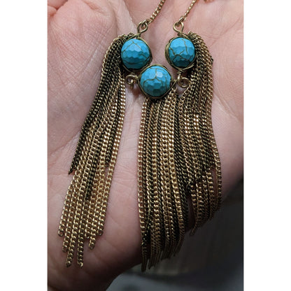 Vintage Handmade Turquoise Bohemian Chain Tassel Necklace With Wrapped Stones