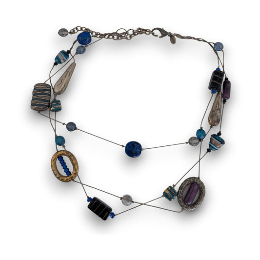 Chicos Vintage Boho Glass Blue Multicolor Station Necklace 15 Inch